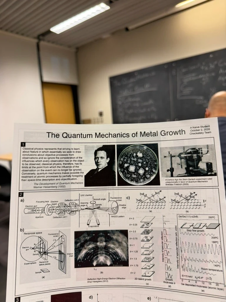 MIT classroom with a handout titled The Quantum Mechanics of Metal Growth.