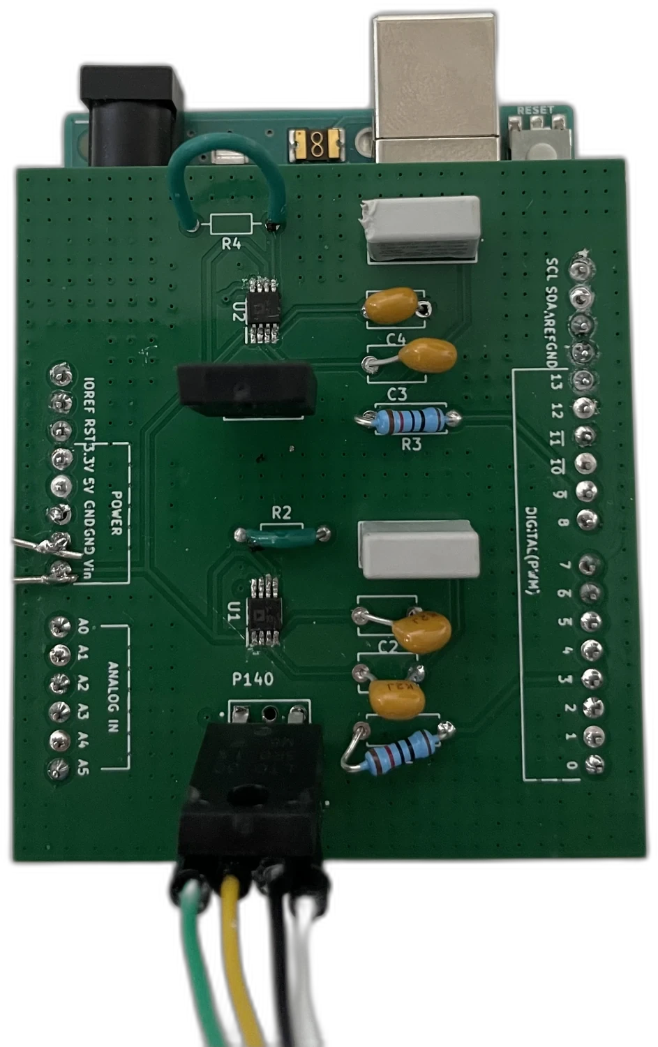 The two-channel amplifier board, as laid out and as built.