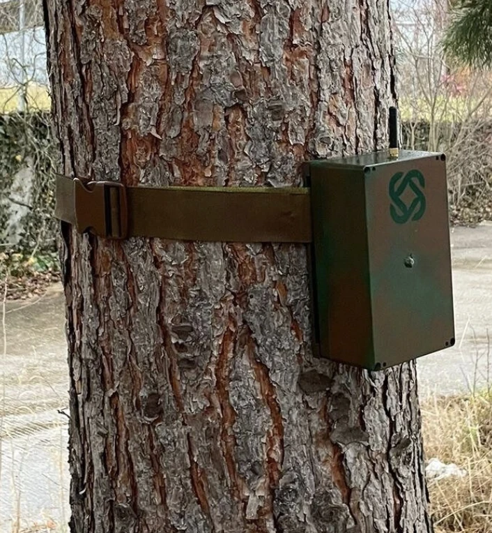 The finished monitoring enclosure strapped to a tree during the field test.