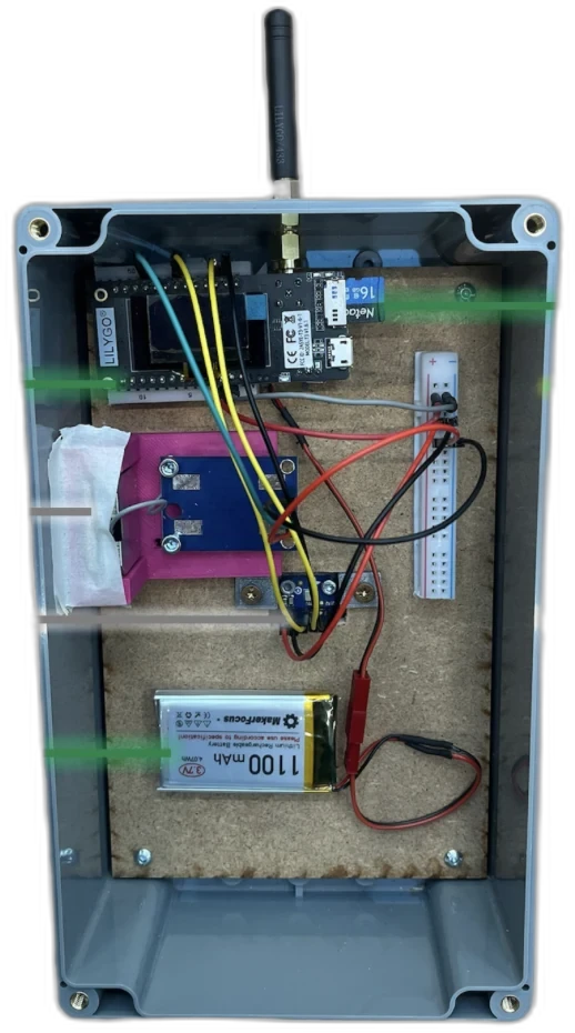 The annotated interior of the enclosure: controller with radio, microphone, GPS, storage and battery.